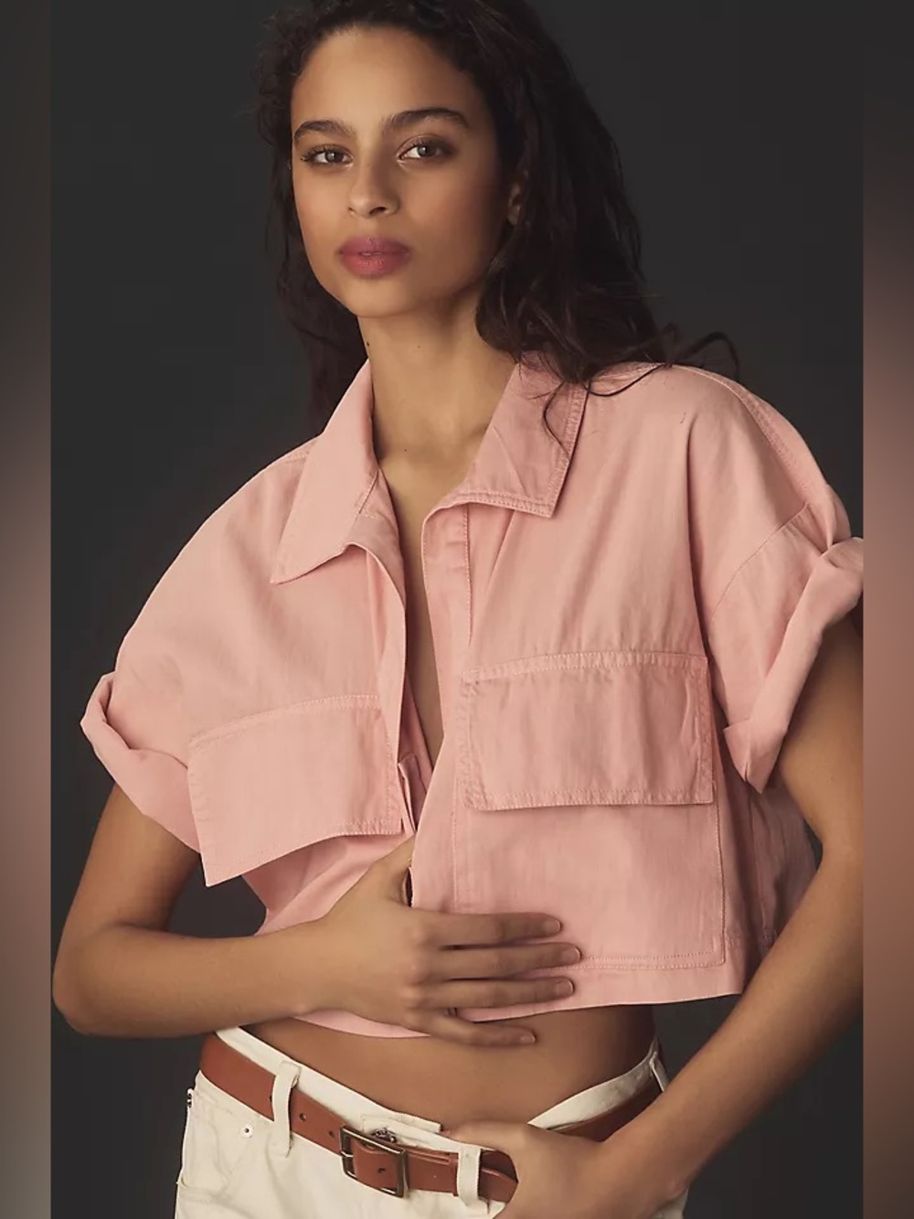 Anthropologie Pilcro Pink Short Sleeve Cropped Boxy Outdoorsy Blouse M